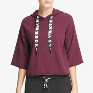 DKNY SPORT Womens Cropped Logo Sleeve Hoodie Dark Red Medium